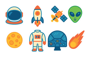 Space exploration flat icons set – solid, filled, astronaut and galaxy symbols