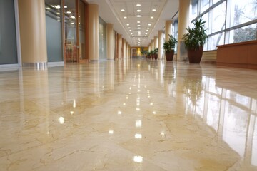 Gleaming marble floor in a spacious indoor corridor with natural light flooding through large windows