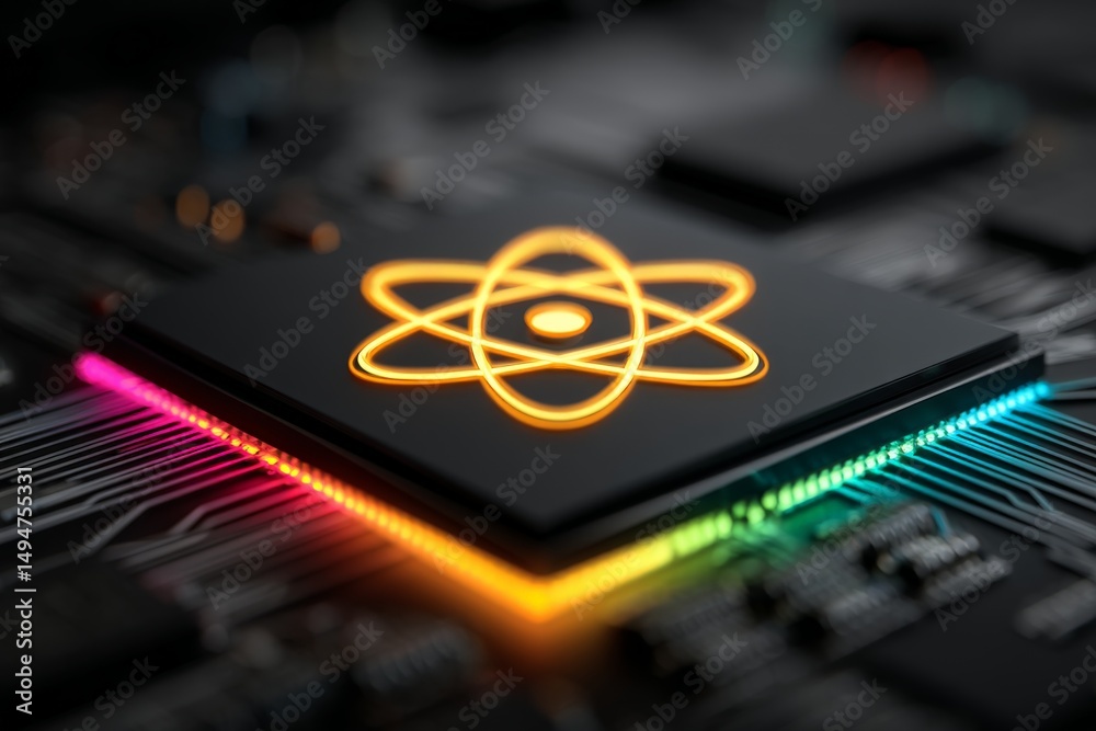 Poster electronic circuit board with a glowing atomic symbol in vibrant colors showcasing modern technology