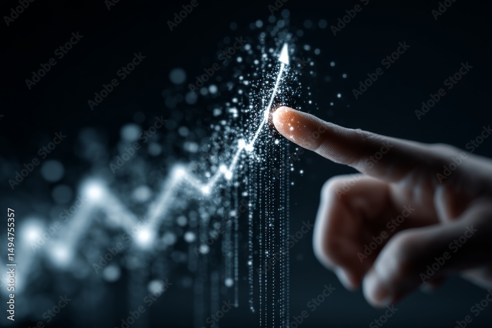 Aufkleber Digital representation of financial growth with hand pointing at rising graph line in abstract background