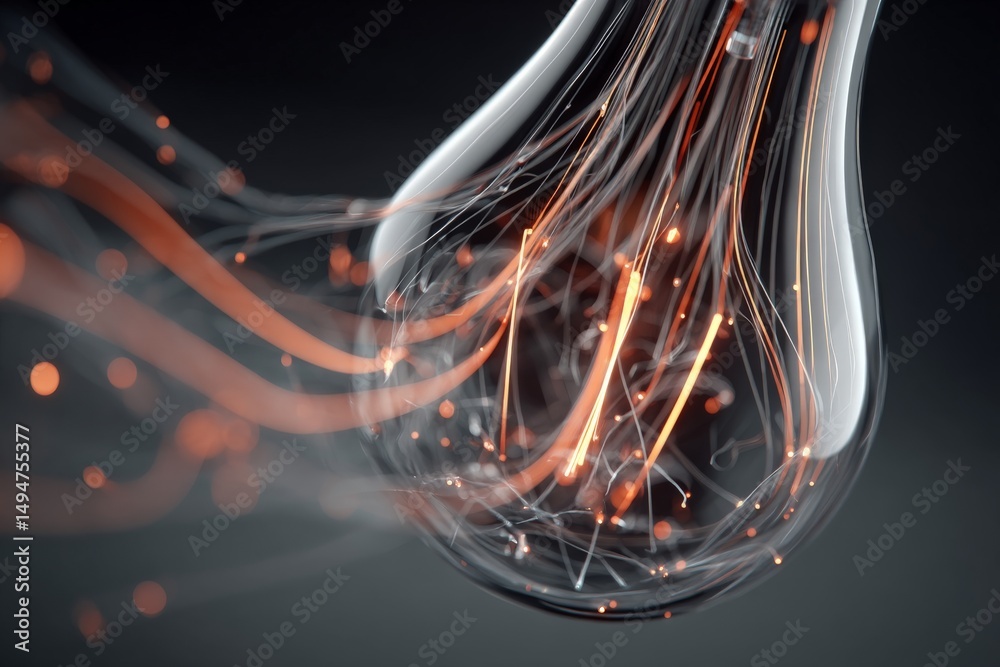 Poster Abstract view of a light bulb with glowing filaments and flowing electric currents at a studio setting