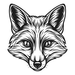 Detailed Black and White Fox Head Illustration: Striking Front View Graphic for Design Projects, Wildlife Art, and Creative Uses.                     