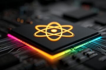 Electronic circuit board with a glowing atomic symbol in vibrant colors showcasing modern technology