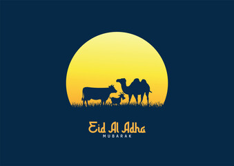 Eid Al Adha Celebration of Muslim holiday Background. The sacrifice a camel, cow, sheep and goat Eid-al-adha concept Islamic vector illustration