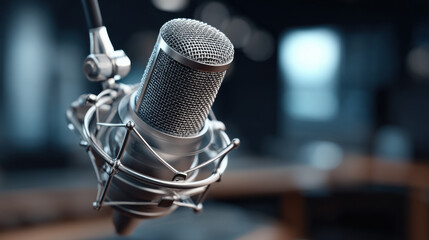 A microphone is suspended from a cord and is pointed towards the camera