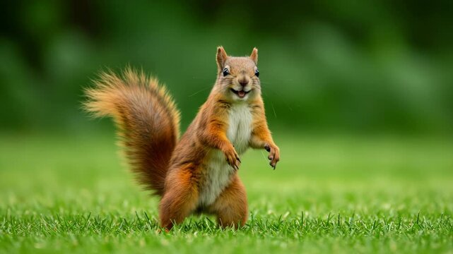 Playful Red Squirrel in Green Grass - An adorable red squirrel stands on its hind legs in a vibrant green field, its bushy tail held high. The squirrel appears happy and curious