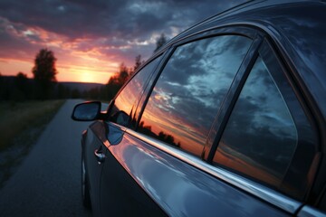 Obraz premium Car parked on roadside reflecting vibrant sunset skies with dramatic clouds in twilight