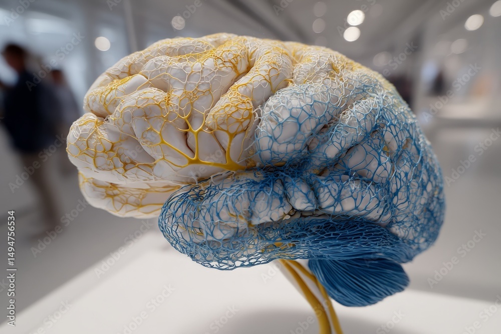 Aufkleber intricate model of a brain with colorful neural network on display in a modern art gallery
