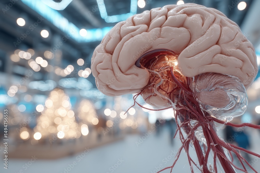 Leinwandbilder model of a human brain displaying neural connections in a modern exhibition space during a science a