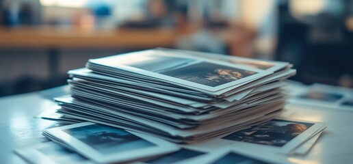 Stack of printed photographs ready for review or archival purposes in progress