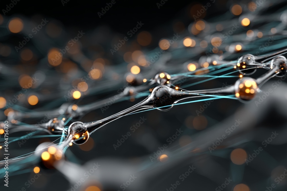 Aufkleber Close-up view of interconnected molecules with glowing nodes illustrating molecular structure in a dark environment