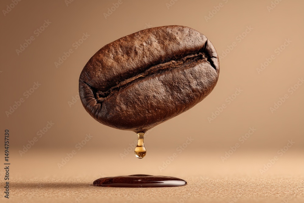 Poster coffee bean suspended in air with a drop of liquid falling on surface