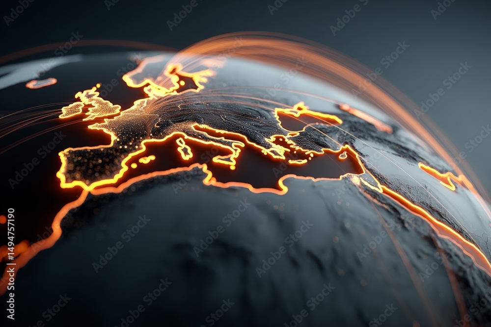 Aufkleber Europe illuminated with glowing connections against a dark background showcasing a digital map