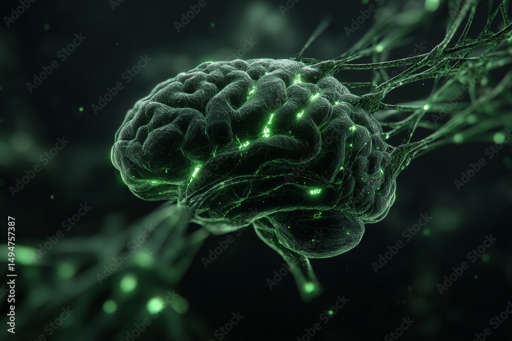 Aufkleber Inspiring visualization of a brain with neural connections in a dark setting illuminated by glowing green accents