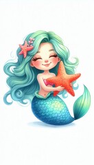 Charming mermaid embraces starfish underwater fantasy digital art whimsical environment close-up view playful concept