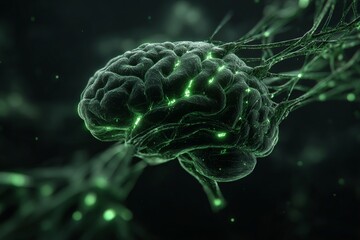 Obraz premium Inspiring visualization of a brain with neural connections in a dark setting illuminated by glowing green accents