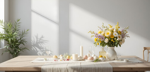 Free-space table background with interior kitchen A white wall with shadows and a nice, sunny morning Make a copy of your composition. A beautiful April Easter table adorned with springtime flowers: G