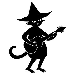 Witch cat playing guitar silhouette vector illustration 