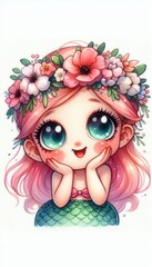 Enchanting mermaid girl with floral crown fantasy art whimsical environment bright colors charming character design