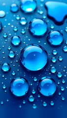 Several shiny blue water  droplets of varying sizes resting on a blue surface. 
