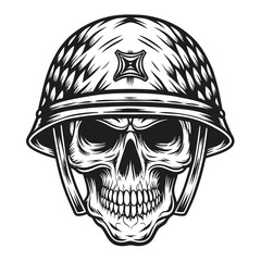 Monochrome skull in helmet. Detailed illustration of a soldier's skull in a military helmet on a white background, perfect for graphic design or tattoo art.