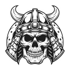 Monochrome Skull with Viking Helmet: Detailed Vector Illustration for T-Shirt Design, Prints, or Digital Artwork - Isolated on White Background       