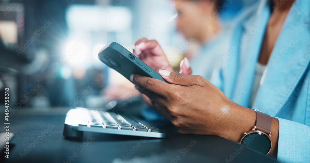 Poster Office, hands and scroll with smartphone for chat, digital conversation and connection for contact. Flare, business person and worker on break with mobile, app and social media for typing in closeup