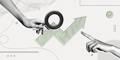 Fototapeta na wymiar Trendy Halftone Collage Business opportunity and investment growth concept. Hand with magnifying glass and arrow pointing up. Interest rate. Invest strategy. Contemporary vector illustration art