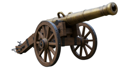 Isolated Antique Bronze Cannon with Ornate Wooden Wheels