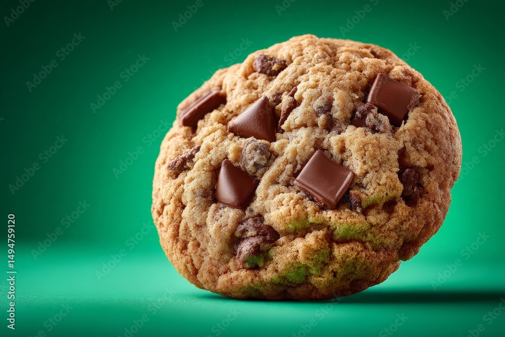 Aufkleber brightly lit chewy chocolate chip cookie against a green background showcasing its delicious texture