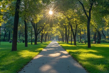 Obraz premium blurred background of a vibrant park with green trees and sunlight, ideal for a summer or spring theme, Generative AI