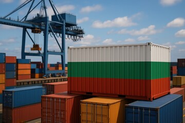 Bulgaria flag painted on a shipping container in an industrial port, ideal for logistics, export-import, and Eastern European trade content. Shipping container with Bulgaria flag at dock

