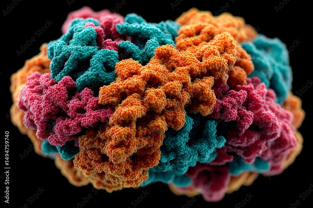 Poster Colorful illustration of a virus structure captured under high magnification displaying intricate details and unique patterns