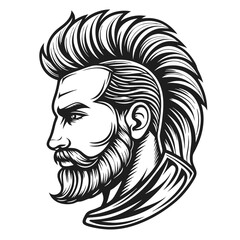 Detailed Monochrome Illustration: Man with Pompadour Hairstyle and Beard, Side Profile on a White Background.                                         