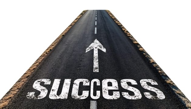Road to success painted on asphalt path forward isolated on transparent background