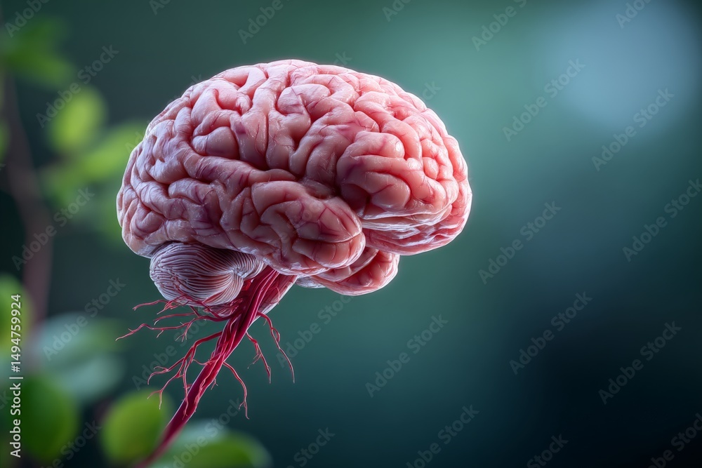 Poster unique artistic representation of a human brain amidst a blurred natural background showcasing synap