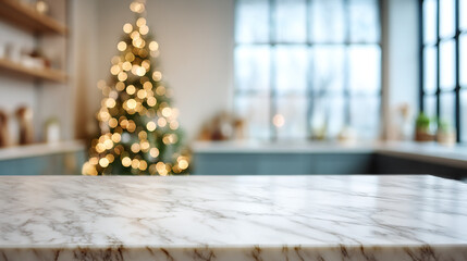 Marble countertop with christmas tree in background and kitchen window out of focus in the background