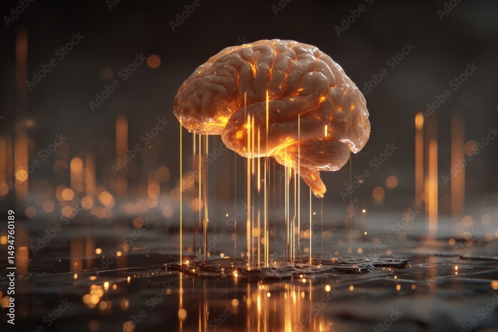 Poster brightly glowing brain surrounded by shimmering drops of light in a dark environment at night