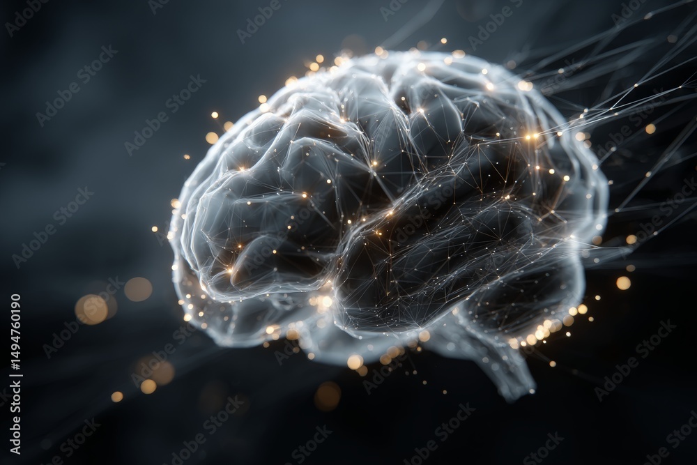 Poster Digital representation of a brain illuminated by glowing connections in a dark setting, emphasizing neural networks and technology