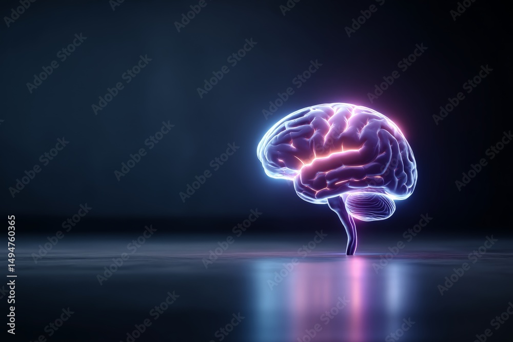Poster vibrant neon brain illuminated in dark space, symbolizing creativity and intelligence in an artistic