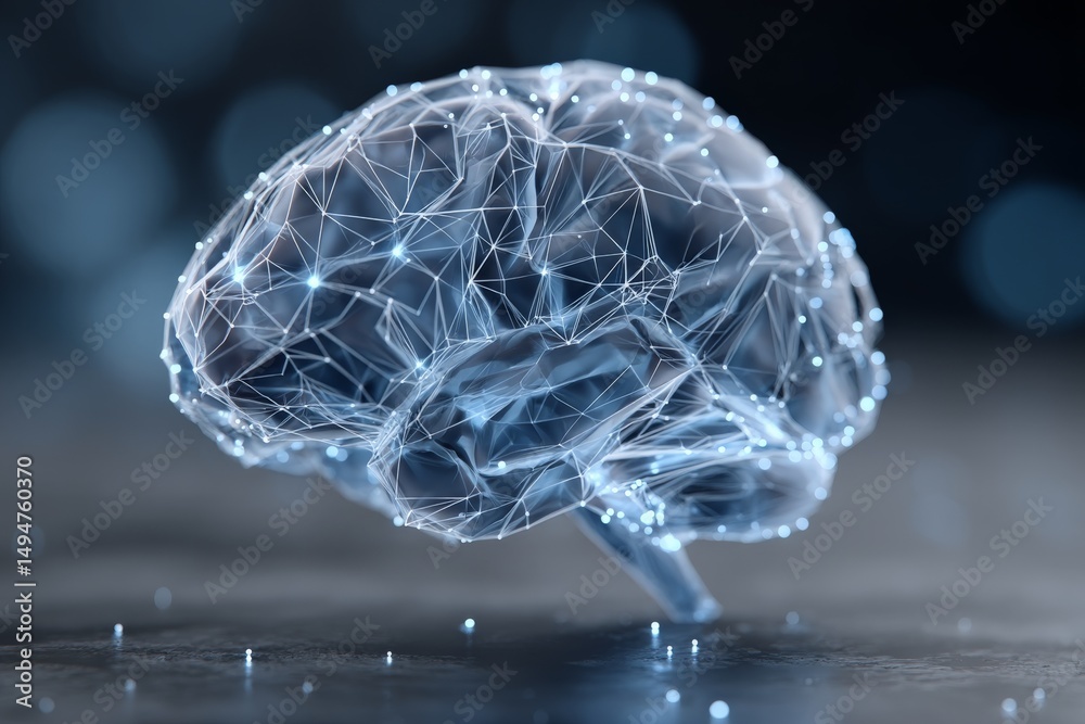 Poster Digital representation of a brain showcasing neural networks and connections in a futuristic setting
