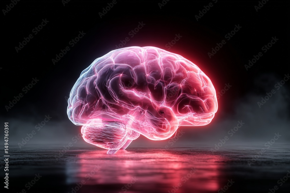 Aufkleber brightly illuminated brain model with neon colors glowing in a dark environment, showcasing intricat