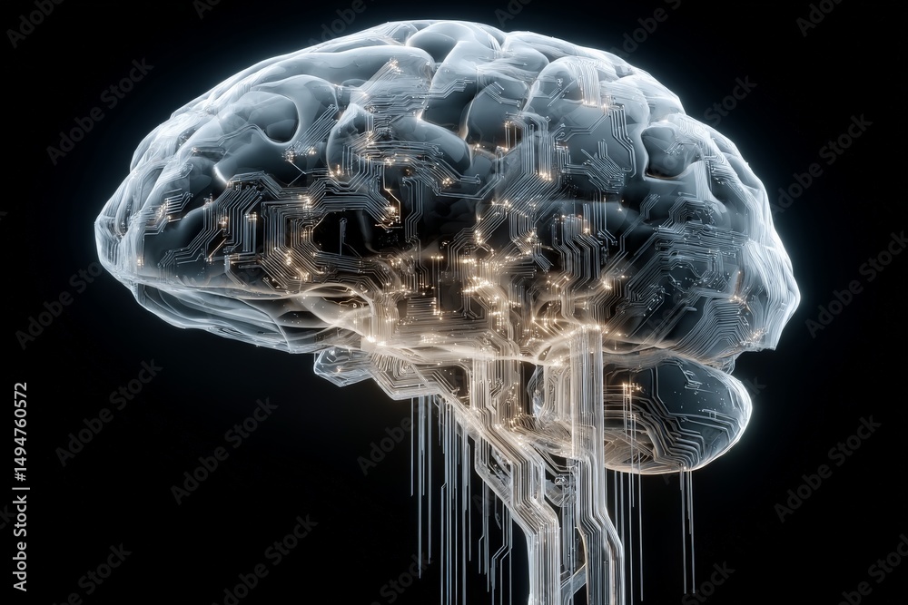 Fototapete artificial intelligence concept depicting a human brain with intricate circuits glowing in a dark se