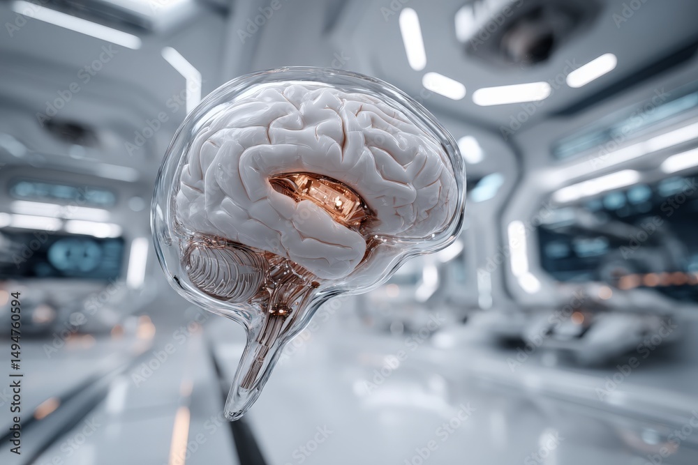 Leinwandbilder Floating transparent brain with copper details in a futuristic laboratory setting reflecting advanced technology