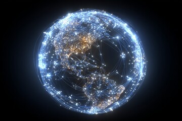 Obraz premium Visual representation of a digital globe displaying interconnected networks of global data