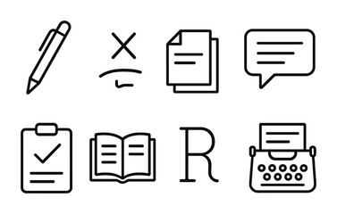 Writing and literature outline icons set – linear, text, author symbols
