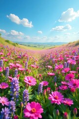 A vibrant floral carpet of pink and purple wildflowers stretches to a clear blue sky , carpet, flowers, flora