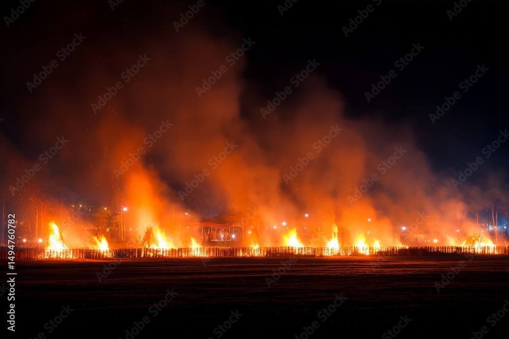 Poster intense flames illuminate the night sky at a significant fire event in an open field