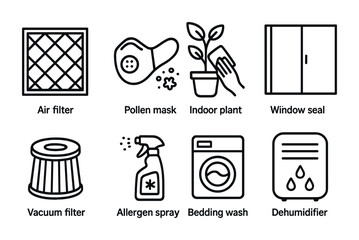 Air purification outline icons set – flat, indoor air quality, allergen control symbols