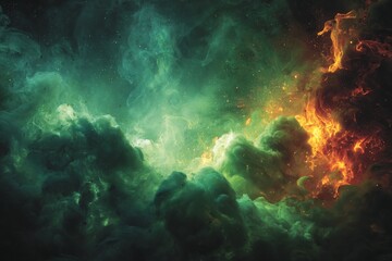 Colorful cosmic clouds swirling with green and orange hues in a vibrant celestial atmosphere